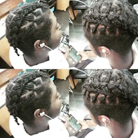 two pictures of a woman with braids in her hair